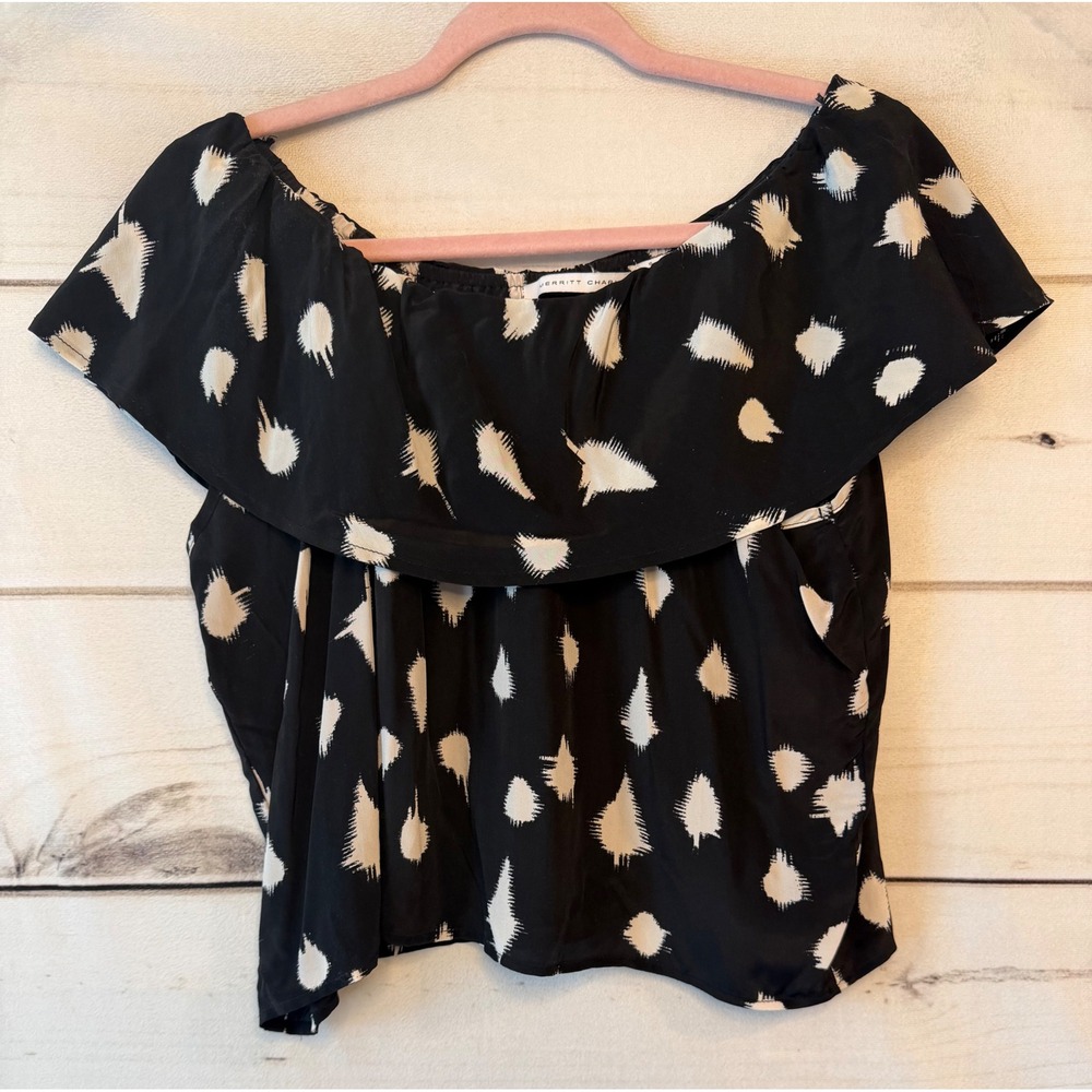Merritt Charles Womens Black White Silk Off Shoulder Ruffle Ikat Blouse Small
